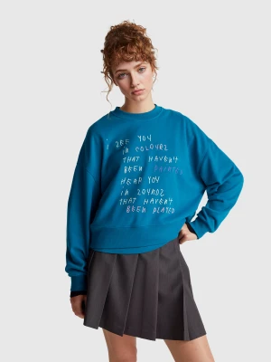 Benetton, Teal Sweatshirt With Coco Capitán Embroidery, Size: XS, Teal, Women United Colors of Benetton