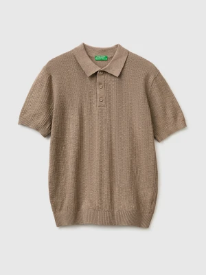 Benetton, Textured Linen Blend Polo Shirt, Size: XL, Brown, Men United Colors of Benetton