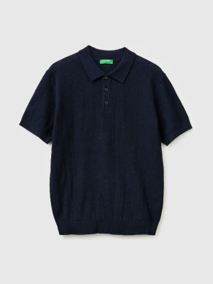 Benetton, Textured Linen Blend Polo Shirt, Size: XL, Dark Blue, Men United Colors of Benetton