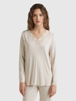 Benetton, Top With Lace Detail, size L, Beige, Women United Colors of Benetton