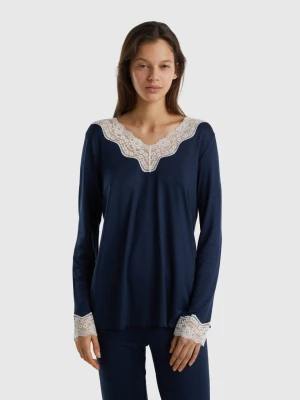 Benetton, Top With Lace Detail, size L, Dark Blue, Women United Colors of Benetton