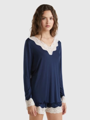 Benetton, Top With Lace Detail, size L, Dark Blue, Women United Colors of Benetton