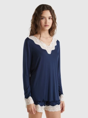 Benetton, Top With Lace Detail, size L, Dark Blue, Women United Colors of Benetton