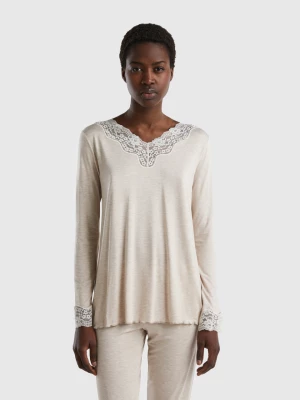 Benetton, Top With Lace Detail, size S, Beige, Women United Colors of Benetton