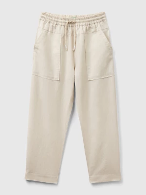 Benetton, Trousers In Linen Blend With Drawstring, size M, Beige, Kids United Colors of Benetton