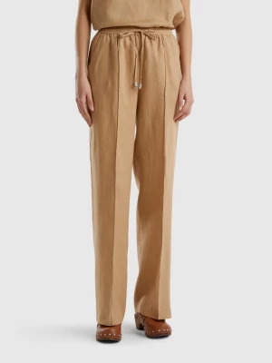Benetton, Trousers In Pure Linen With Elastic, size L, Camel, Women United Colors of Benetton