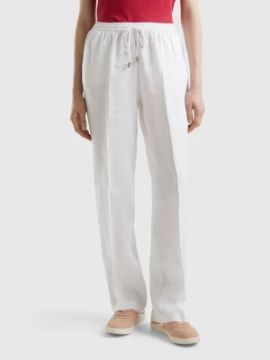 Benetton, Trousers In Pure Linen With Elastic, size L, White, Women United Colors of Benetton