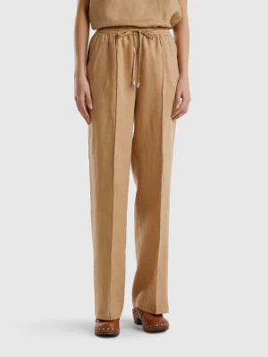 Benetton, Trousers In Pure Linen With Elastic, size M, Camel, Women United Colors of Benetton