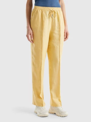 Benetton, Trousers In Pure Linen With Elastic, size M, Yellow, Women United Colors of Benetton