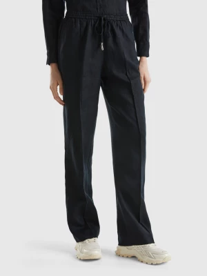 Benetton, Trousers In Pure Linen With Elastic, size XS, Black, Women United Colors of Benetton