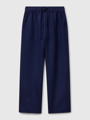 Benetton, Trousers In Pure Linen With Elastic, Size: XS, Dark Blue, Women United Colors of Benetton