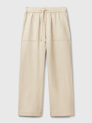 Benetton, Trousers In Pure Linen With Elastic, Size: XXS, Beige, Women United Colors of Benetton
