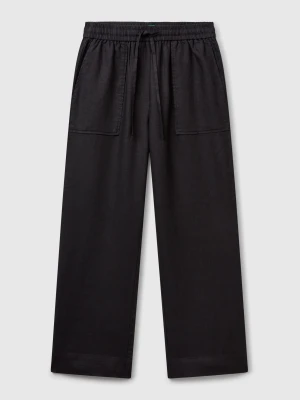 Benetton, Trousers In Pure Linen With Elastic, Size: XXS, Black, Women United Colors of Benetton