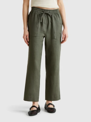 Benetton, Trousers In Pure Linen With Elastic, size XXS, Military Green, Women United Colors of Benetton