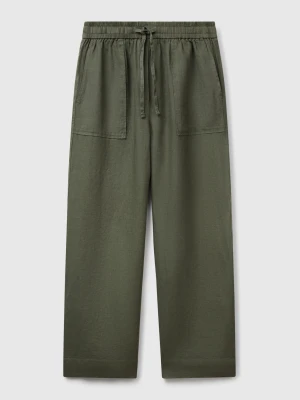 Benetton, Trousers In Pure Linen With Elastic, Size: XXS, Military Green, Women United Colors of Benetton