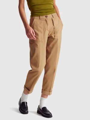 Benetton, Trousers In Stretch Cotton With Roll-up, Camel, Women United Colors of Benetton