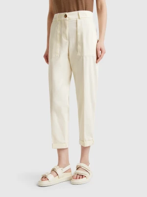 Benetton, Trousers In Stretch Cotton With Roll-up, size , Creamy White, Women United Colors of Benetton