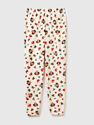 Benetton, Fleece Trousers With Christmas Print, Size: XXS, Creamy White, Women United Colors of Benetton