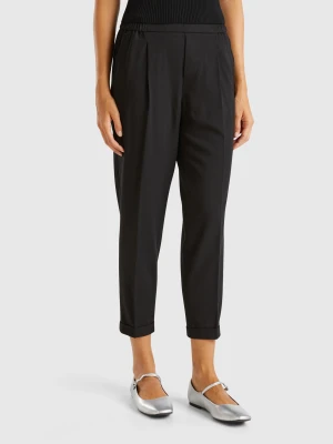 Benetton, Trousers With Cuff In Stretch Viscose Blend, Size: XXS, Black, Women United Colors of Benetton