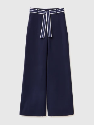 Benetton, Trousers With Striped Belt, Dark Blue, Women United Colors of Benetton