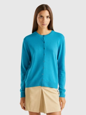 Benetton, Turquoise Crew Neck Cardigan In Pure Merino Wool, size L, Turquoise, Women United Colors of Benetton