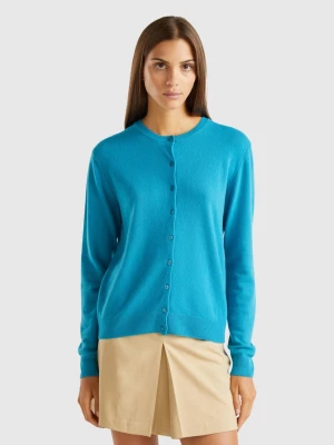 Benetton, Turquoise Crew Neck Cardigan In Pure Merino Wool, size M, Turquoise, Women United Colors of Benetton