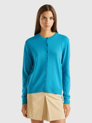 Benetton, Turquoise Crew Neck Cardigan In Pure Merino Wool, size XS, Turquoise, Women United Colors of Benetton