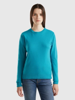 Benetton, Turquoise Crew Neck Sweater In Pure Merino Wool, size M, Turquoise, Women United Colors of Benetton