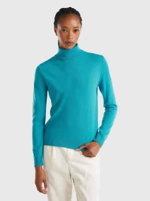 Benetton, Turquoise Turtleneck Sweater In Pure Merino Wool, size M, Turquoise, Women United Colors of Benetton