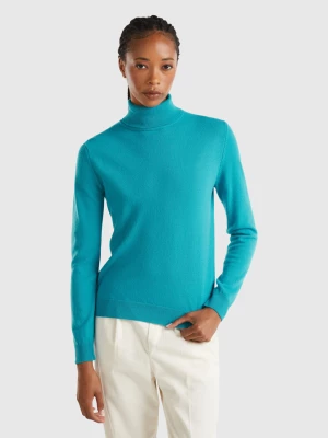 Benetton, Turquoise Turtleneck Sweater In Pure Merino Wool, size XS, Turquoise, Women United Colors of Benetton