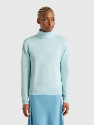 Benetton, Turquoise Turtleneck Sweater In Pure Merino Wool, size XS, Turquoise, Women United Colors of Benetton