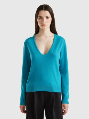 Benetton, Turquoise V-neck Sweater In Pure Merino Wool, size L, Turquoise, Women United Colors of Benetton