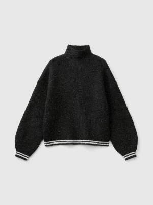 Benetton, Turtle Neck Sweater In Wool Blend, size M, Black, Kids United Colors of Benetton