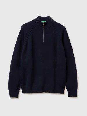 Benetton, Zip-up Sweater In 100% Merino Wool, Size: XS, Dark Blue, Men United Colors of Benetton