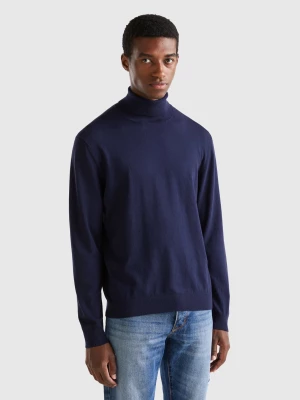 Benetton, Turtleneck In Lightweight Cotton Blend, size L, Dark Blue, Men United Colors of Benetton