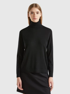 Benetton, Turtleneck In Pure Merino Wool, size L, Black, Women United Colors of Benetton