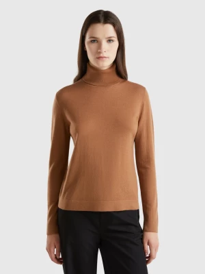 Benetton, Turtleneck In Pure Merino Wool, size L, Camel, Women United Colors of Benetton