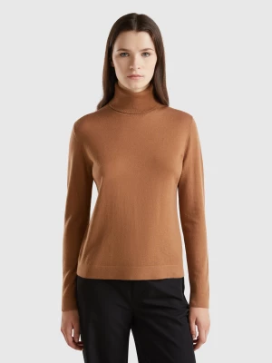 Benetton, Turtleneck In Pure Merino Wool, size L, Camel, Women United Colors of Benetton