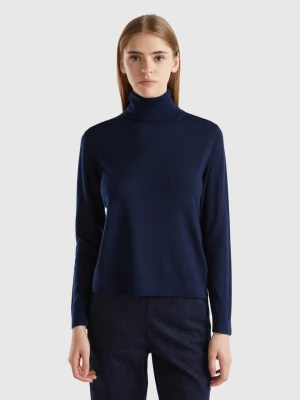 Benetton, Turtleneck In Pure Merino Wool, size L, Dark Blue, Women United Colors of Benetton