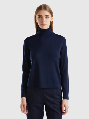 Benetton, Turtleneck In Pure Merino Wool, size L, Dark Blue, Women United Colors of Benetton