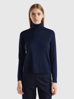 Benetton, Turtleneck In Pure Merino Wool, size XS, Dark Blue, Women United Colors of Benetton