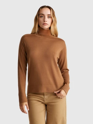 Benetton, Turtleneck In Pure Merino Wool, Size: XXS, Camel, Women United Colors of Benetton
