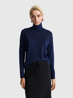 Benetton, Turtleneck In Pure Merino Wool, Size: XXS, Dark Blue, Women United Colors of Benetton