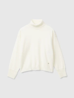 Benetton, Turtleneck Sweater In Wool Blend, Size: XL, Creamy White, Kids United Colors of Benetton