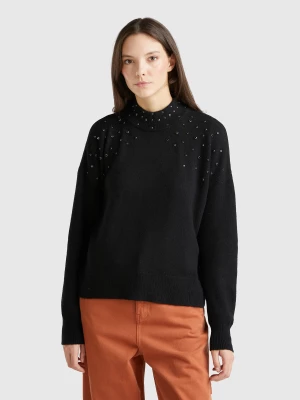 Benetton, Turtleneck Sweater With Rhinestones, size XS, Black, Women United Colors of Benetton