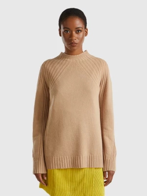 Benetton, Turtleneck Sweater With Slits, size XS, Camel, Women United Colors of Benetton