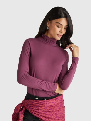 Benetton, Turtleneck T-shirt In Stretch Viscose, Size: M, Plum, Women United Colors of Benetton