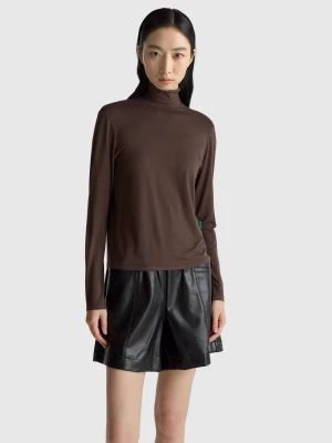 Benetton, Turtleneck T-shirt In Stretch Viscose, Size: S, Dark Brown, Women United Colors of Benetton