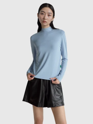 Benetton, Turtleneck T-shirt In Stretch Viscose, Size: S, Sky Blue, Women United Colors of Benetton