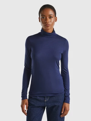 Benetton, Turtleneck T-shirt In Viscose And Cashmere Blend, size M, Dark Blue, Women United Colors of Benetton